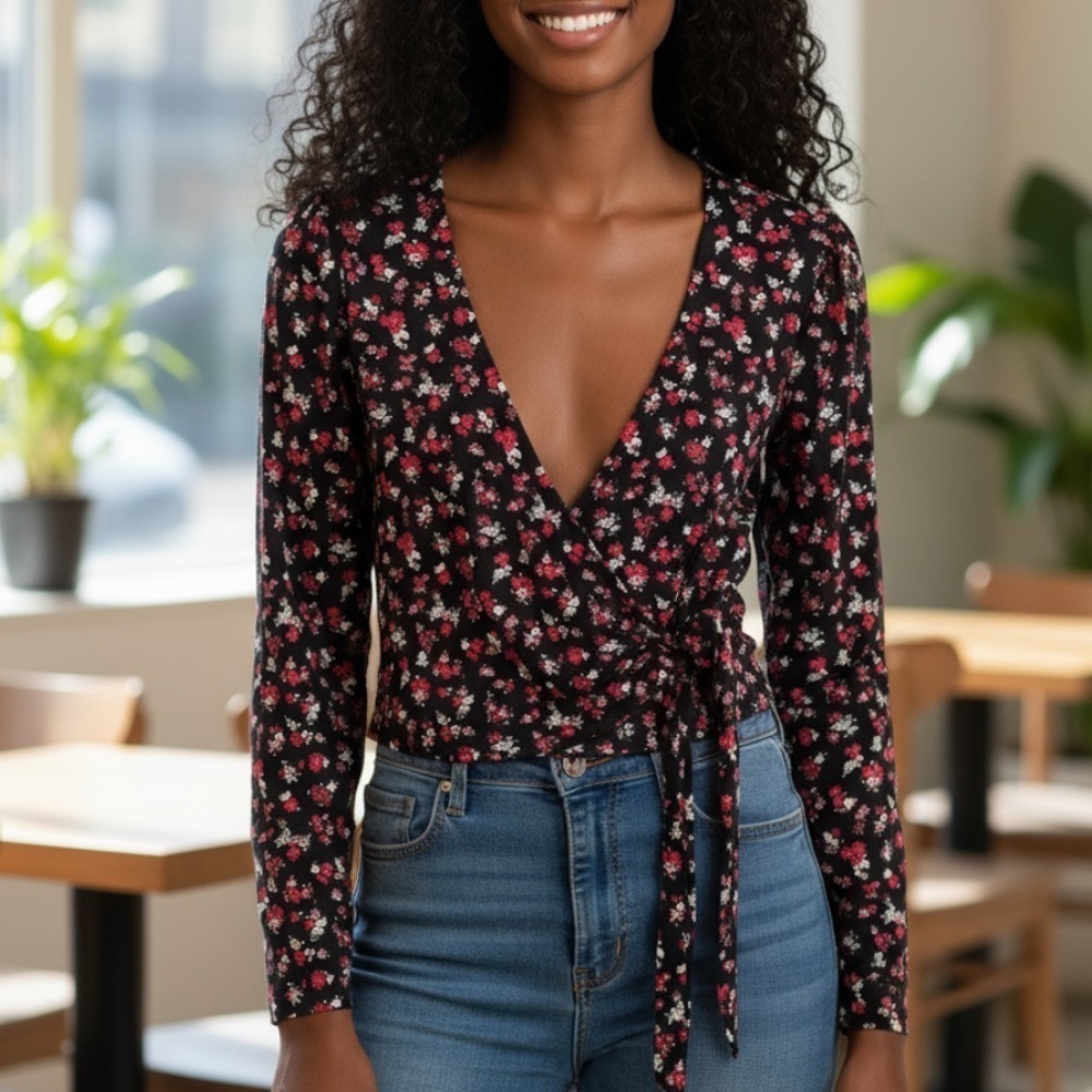 Wild Fable Black and Red Floral Wrap Blouse s